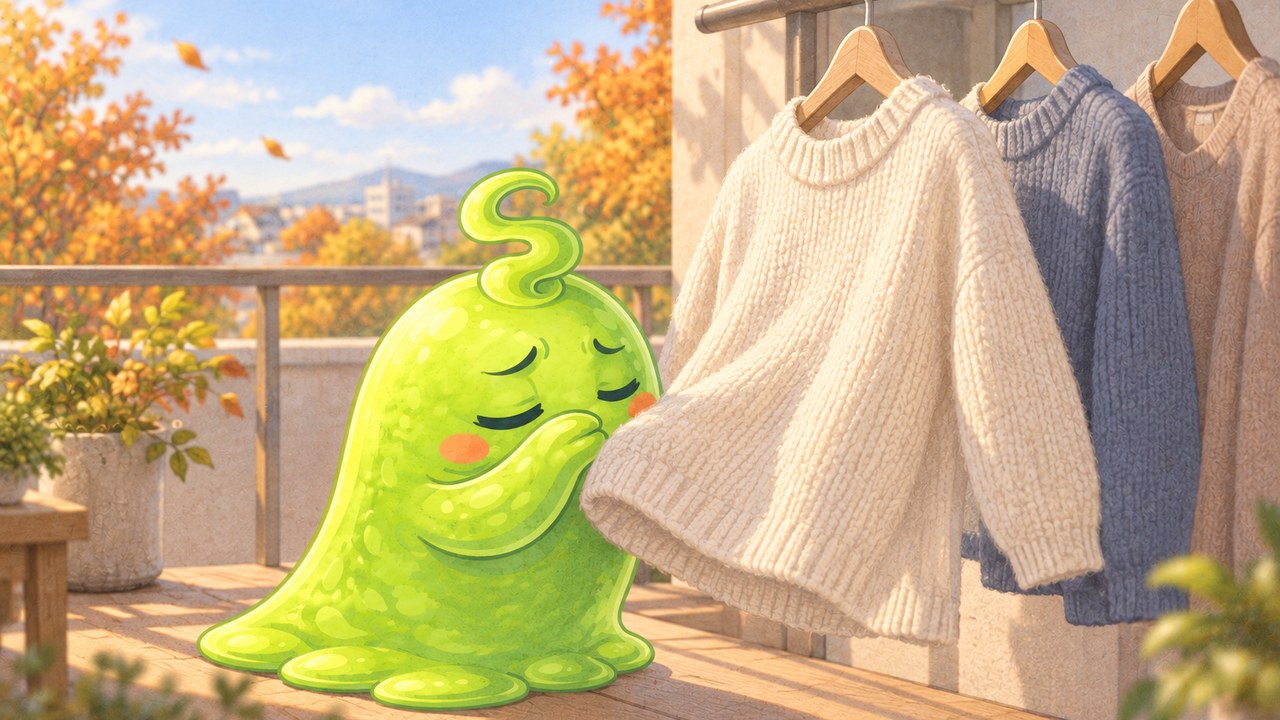 風の通るベランダにしまっていた服を掛けて、においが軽くなったか確かめているスメル君