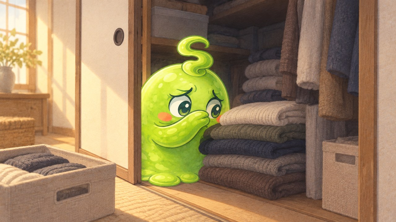 押し入れの引き出しを開けて、しまっていた服のにおいを確かめて首をかしげるスメル君