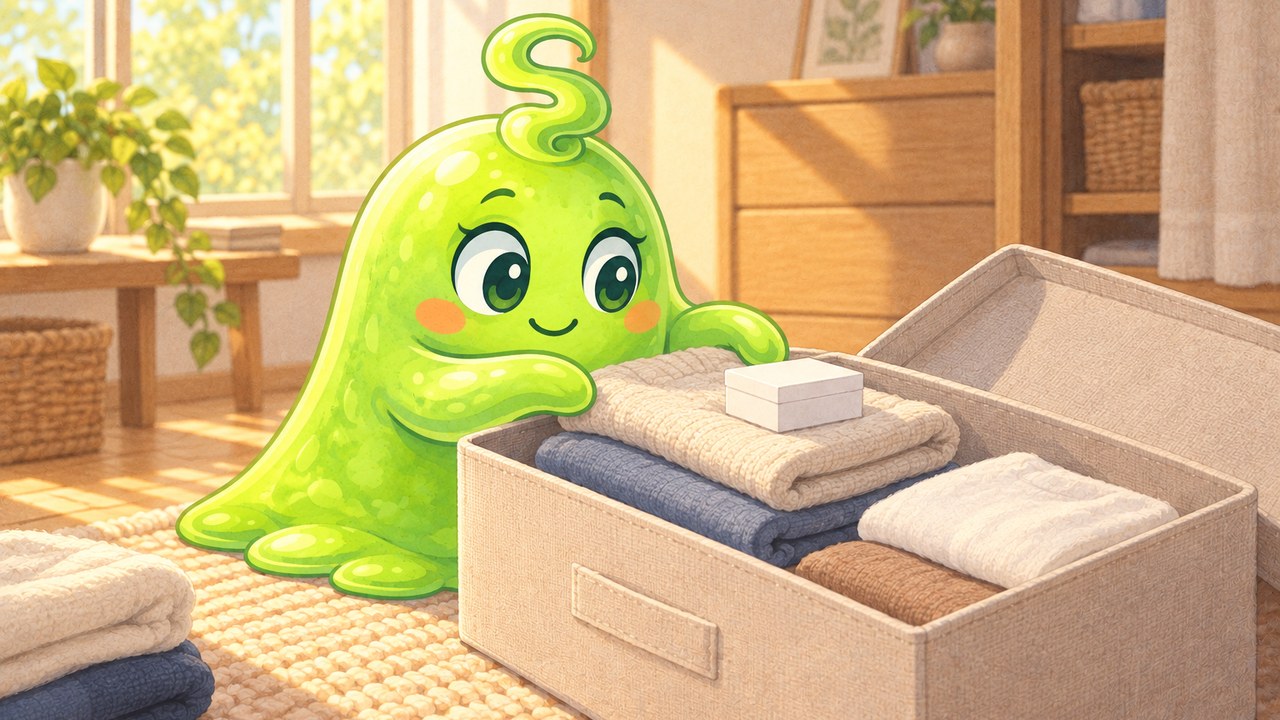 たたんだ服をゆとりをもたせて衣装ケースにしまい、満足そうにしているスメル君